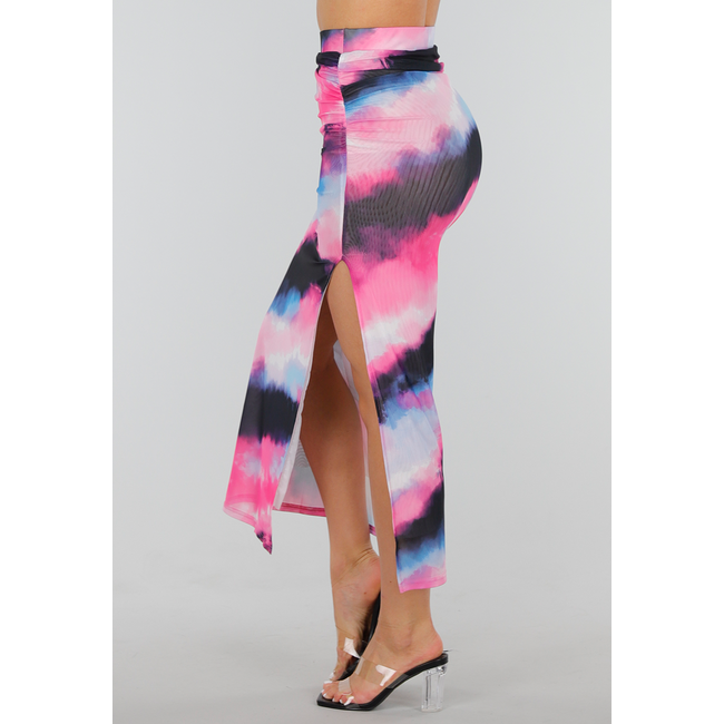 Mehrfarbiger Maxi-Stretch-Rock mit hoher Taille, Bund und Falten