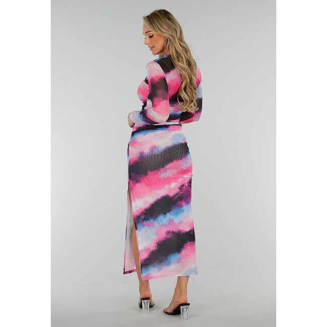 Mehrfarbiger Maxi-Stretch-Rock mit hoher Taille, Bund und Falten