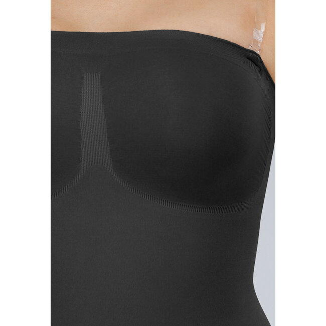 Schwarzer korrigierender Shapewear Playsuit mit Lifting-Effekt, Kompression und abnehmbaren, durchsichtigen Trägern