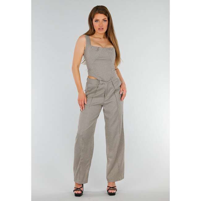 Zweiteiliges kariertes Stretch-Set mit hochtaillierter Hose und Korsett-Oberteil mit Bügeln