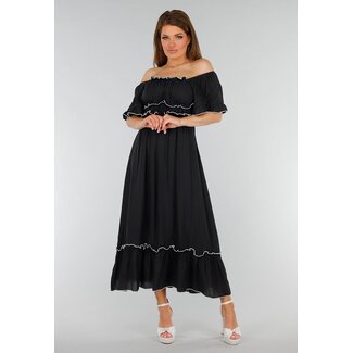 Schwarzes schulterfreies Stretchkleid mit weißen Details