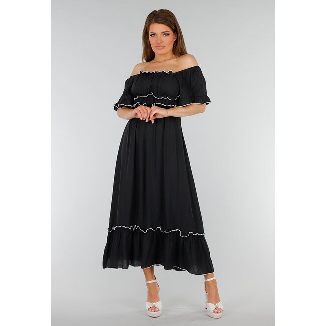 Schwarzes schulterfreies Stretch-Maxikleid mit weißen Details und elastischem Taillenbund