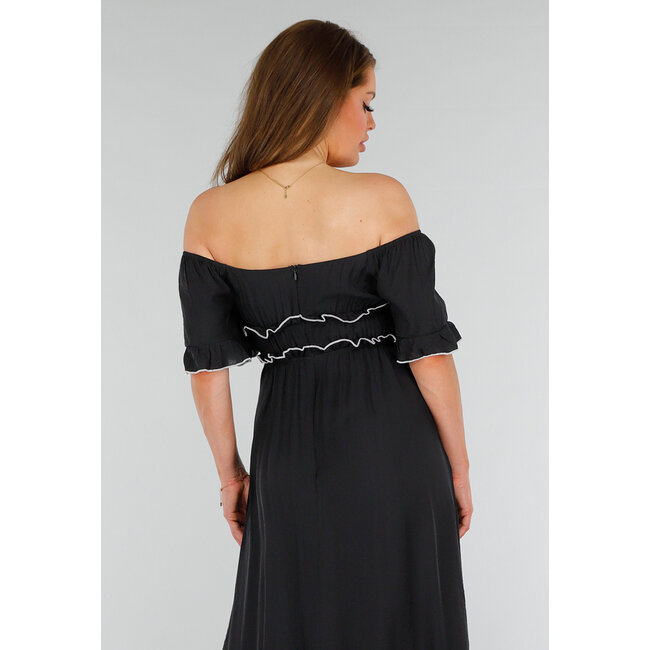 Schwarzes schulterfreies Stretch-Maxikleid mit weißen Details und elastischem Taillenbund