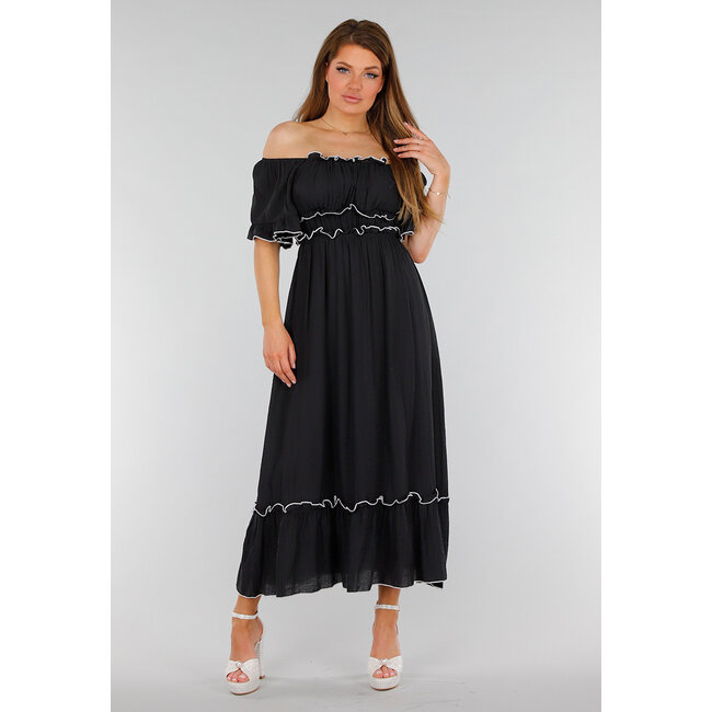 Schwarzes schulterfreies Stretch-Maxikleid mit weißen Details und elastischem Taillenbund