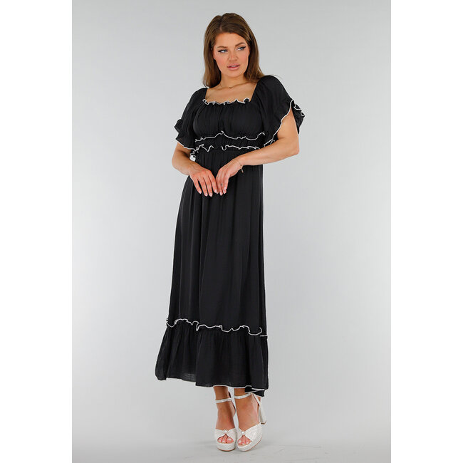 Schwarzes schulterfreies Stretch-Maxikleid mit weißen Details und elastischem Taillenbund