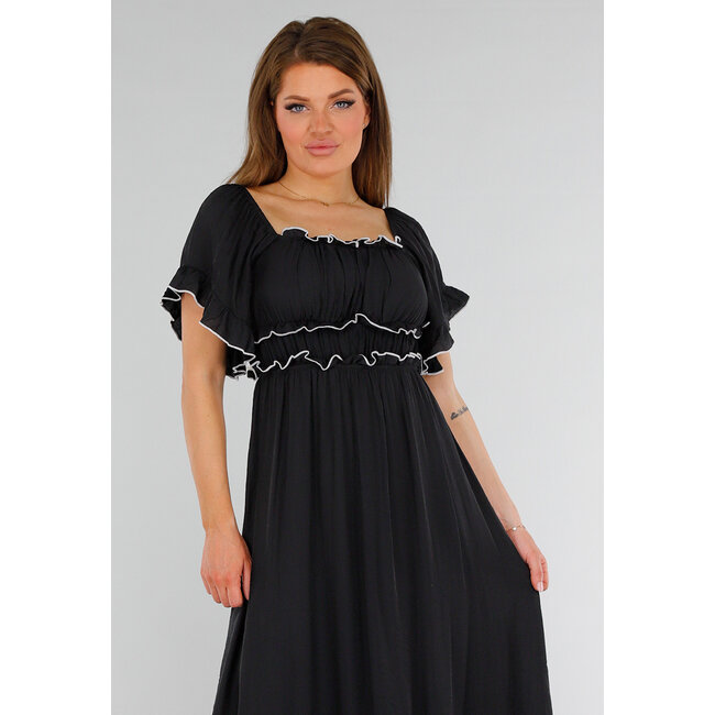 Schwarzes schulterfreies Stretch-Maxikleid mit weißen Details und elastischem Taillenbund