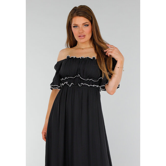 Schwarzes schulterfreies Stretch-Maxikleid mit weißen Details und elastischem Taillenbund