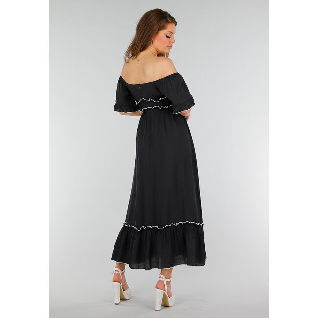 Schwarzes schulterfreies Stretch-Maxikleid mit weißen Details und elastischem Taillenbund