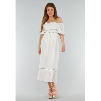 Weißes schulterfreies Maxikleid mit Rüschen und Stretch