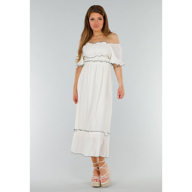 Weißes schulterfreies Maxikleid mit Rüschen und Stretch