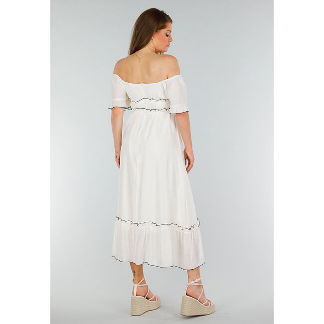 Weißes schulterfreies Maxikleid mit Rüschen und Gummizug am Bund