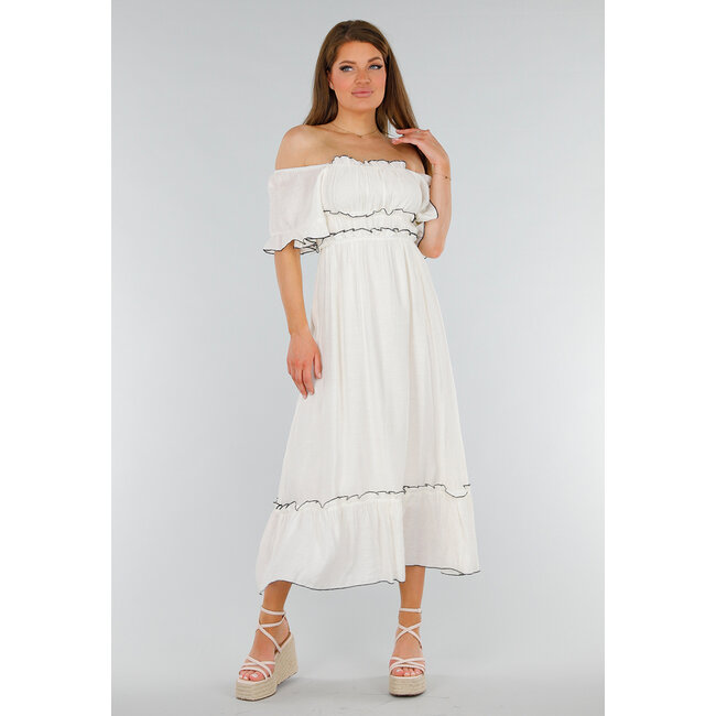 Weißes schulterfreies Maxikleid mit Rüschen und Gummizug am Bund