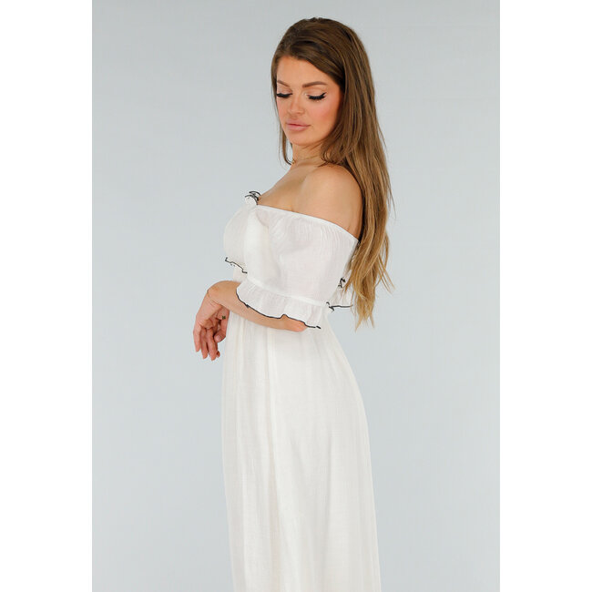 Weißes schulterfreies Maxikleid mit Rüschen und Gummizug am Bund