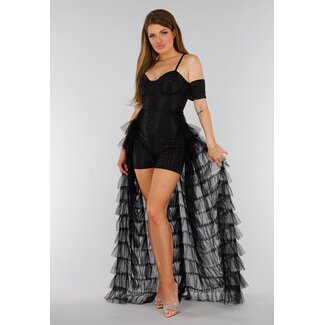 Schwarzer Stretch-Playsuit mit schwarzen Strasssteinen