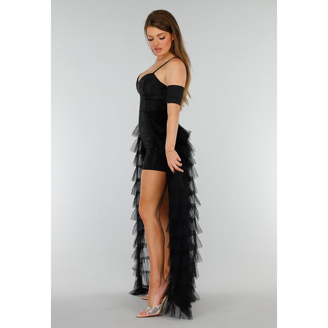 Schwarzer Stretch-Playsuit mit schwarzen Strasssteinen und Tüllrock