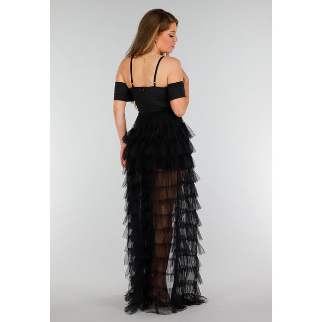 Schwarzer Stretch-Playsuit mit schwarzen Strasssteinen und Tüllrock