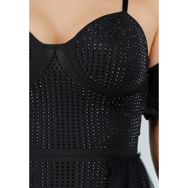 Schwarzer Stretch-Playsuit mit schwarzen Strasssteinen und Tüllrock