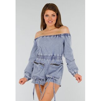 Denim Stretch Off Shoulder Playsuit mit Taillenband