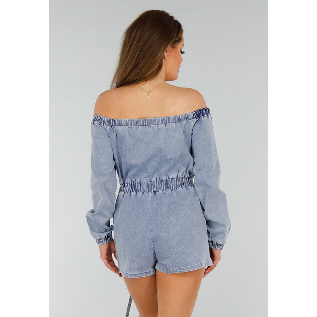 Blauer Denim-Stretch-Off-Shoulder-Playsuit mit Taillenband und Reißverschlusstaschen
