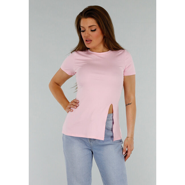 Rosa Stretch-Top mit Schlitz und Rundhalsausschnitt