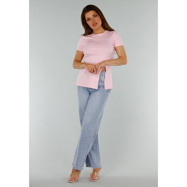 Rosa Stretch-Top mit Schlitz und Rundhalsausschnitt