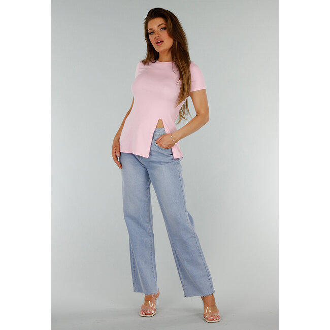 Rosa Stretch-Top mit Schlitz und Rundhalsausschnitt