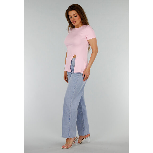 Rosa Stretch-Top mit Schlitz und Rundhalsausschnitt