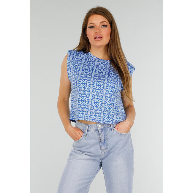 Blaues ärmelloses Stretch-Top mit Schulterpolstern