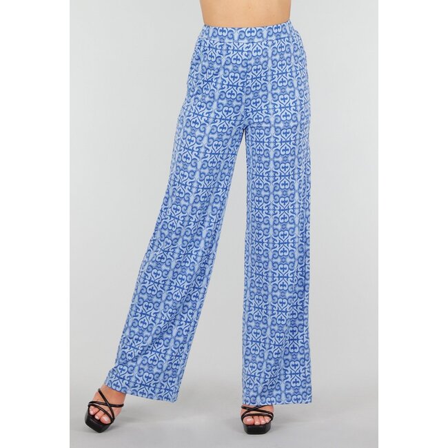 Blaue High Waist Stretch Hose mit Barockdruck und elastischem Bund