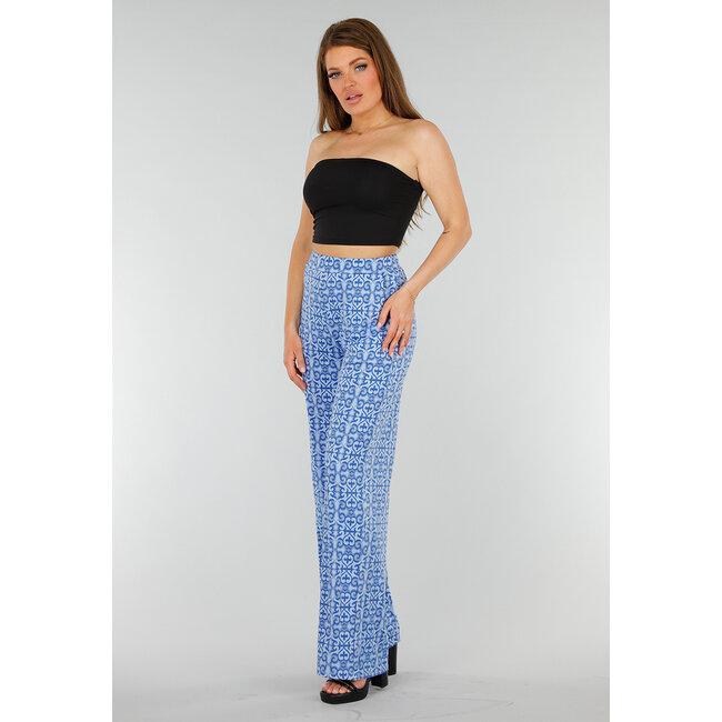 Blaue High Waist Stretch Hose mit Barockdruck und elastischem Bund