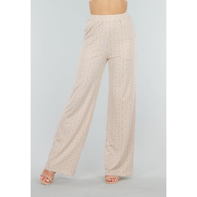 Beigefarbene Stretch-Hose mit Barockdruck und hoher Taille