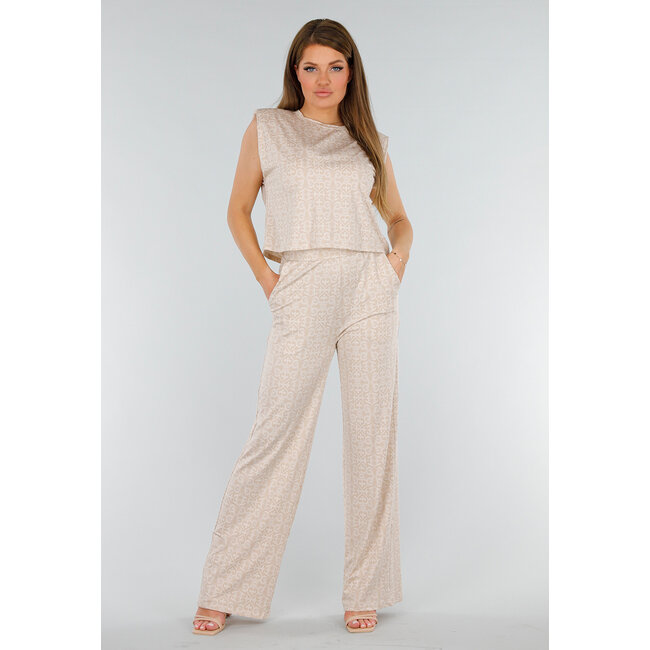Beigefarbene Stretch-Hose mit Barockdruck und hoher Taille
