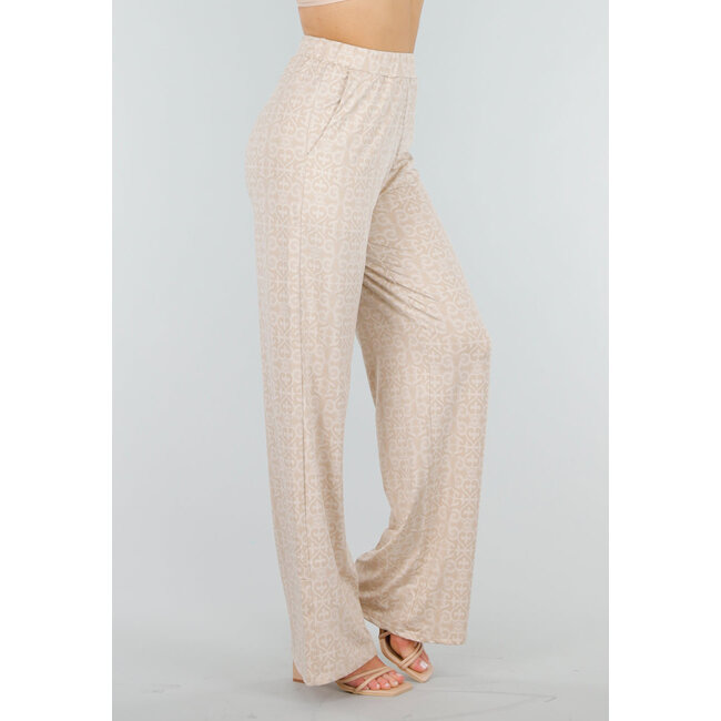 Beigefarbene Stretch-Hose mit Barockdruck und hoher Taille