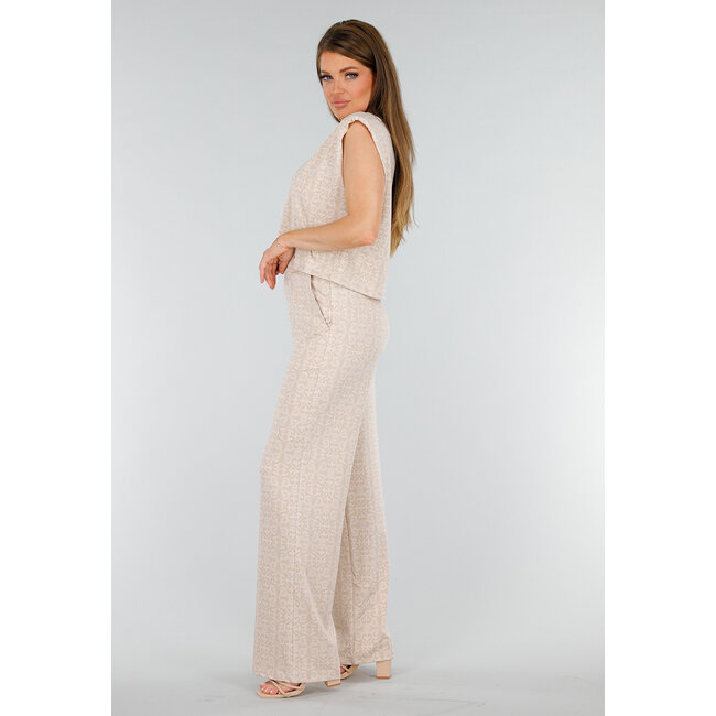 Beigefarbene Stretch-Hose mit Barockdruck und hoher Taille