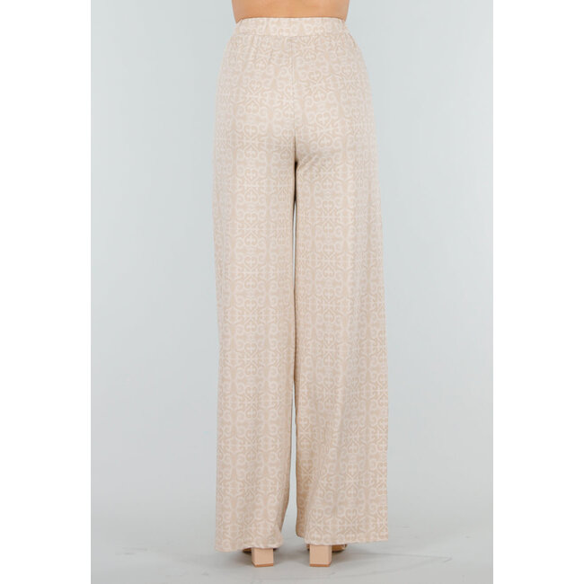 Beigefarbene Stretch-Hose mit Barockdruck und hoher Taille