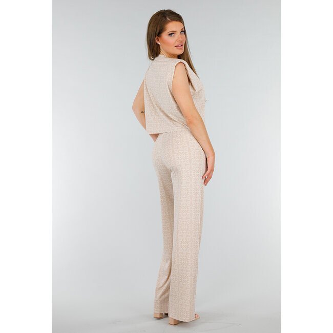 Beigefarbene Stretch-Hose mit Barockdruck und hoher Taille