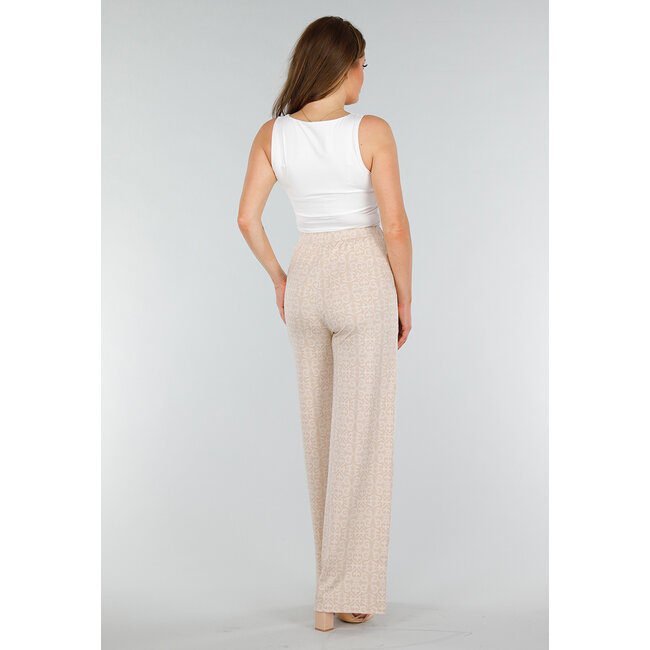 Beigefarbene Stretch-Hose mit Barockdruck und hoher Taille