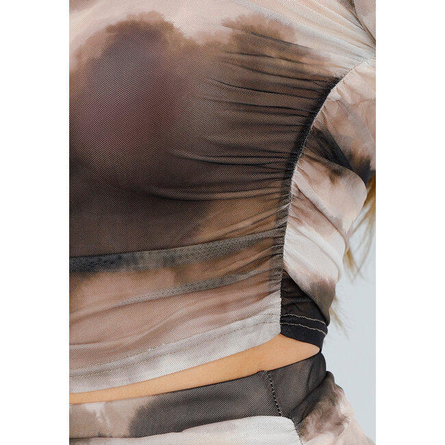 Multicolour Tie Dye Print Mesh Top mit Stretch und Rundhalsausschnitt