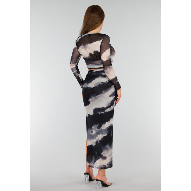 Langärmeliges cremefarbenes Tie Dye Mesh Stretch-Top mit Plissee-Detail