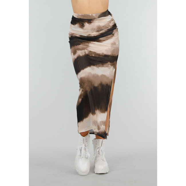 Beige-brauner Mesh-Rock mit elastischem Bund und Plissee-Detail