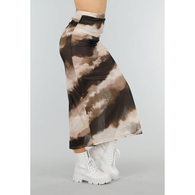 Beige-brauner Mesh-Rock mit elastischem Bund und Plissee-Detail