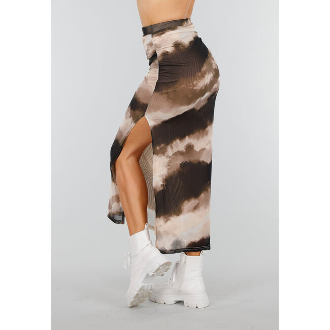 Beige-brauner Mesh-Rock mit elastischem Bund und Plissee-Detail
