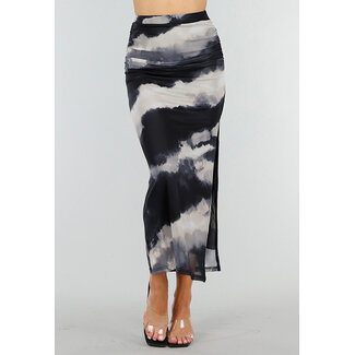 Schwarzer cremefarbener Maxi-Rock aus Stretch-Mesh