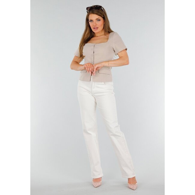 Beige Stretch-Denim-Jeans mit mittlerer Taille und geradem Bein