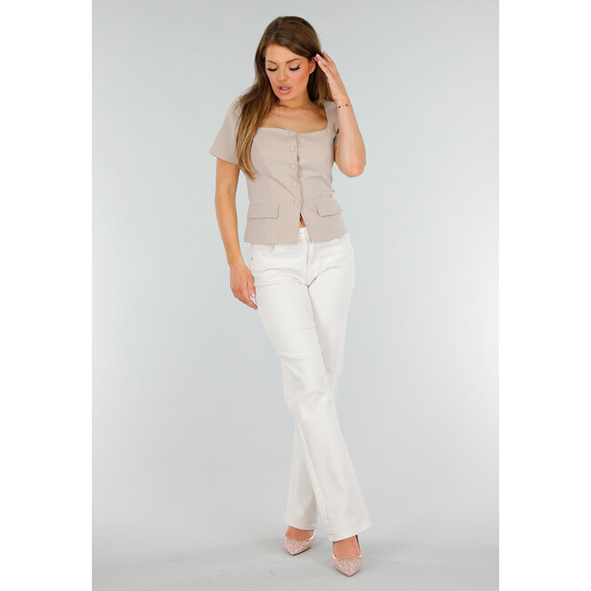 Beigefarbenes Cropped Fit Top im Blazer-Look mit Innenfutter und Knopfverschluss