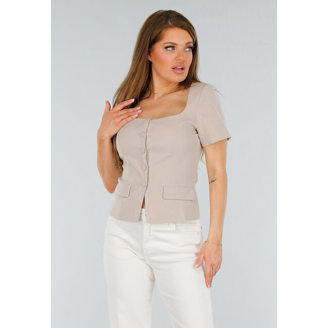 Beigefarbenes Cropped Fit Top im Blazer-Look mit Innenfutter und Knopfverschluss