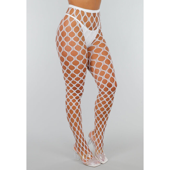 Weiße Glow in the Dark Netzstrumpfhose mit Fischnetz und blauem Effekt im Dunkeln