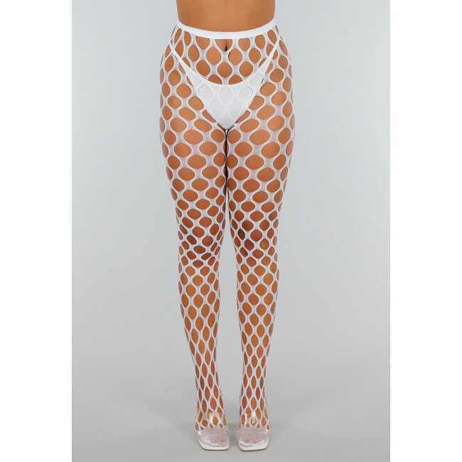 Weiße Glow in the Dark Netzstrumpfhose mit Fischnetz und blauem Effekt im Dunkeln