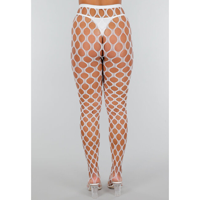 Weiße Glow in the Dark Netzstrumpfhose mit Fischnetz und blauem Effekt im Dunkeln