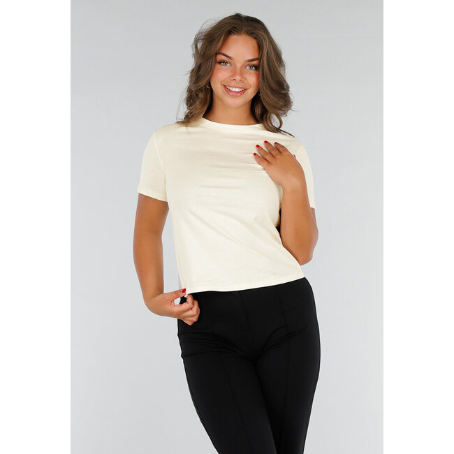 Beigefarbenes Basic T-Shirt aus Baumwolle mit Stretch, kurzen Ärmeln und lockerer Passform